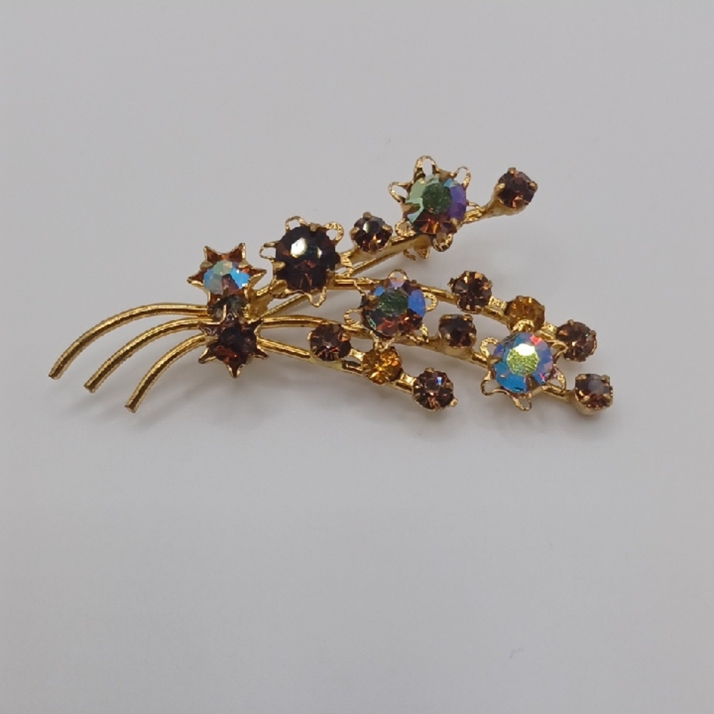 Austria Floral Brooch with AB, Gold, and Brown Rhinestones